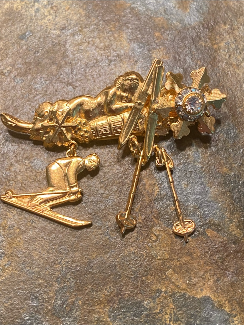 Kirk’s Folly Gold-Tone Ski Chalets Brooch with Crystal Accent NRFB